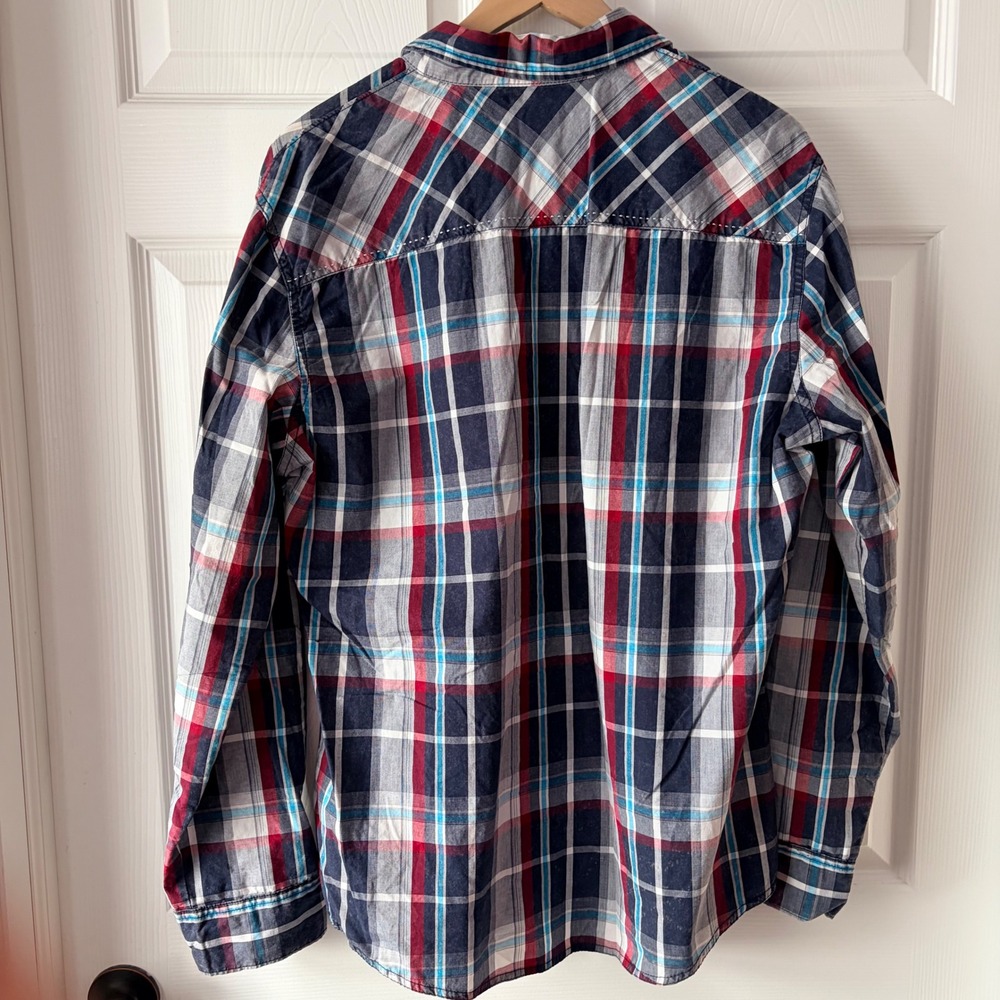 Helix Mens Large Athletic Fit Plaid Button Down Shirt Navy Red Long Sleeve - Picture 8 of 8
